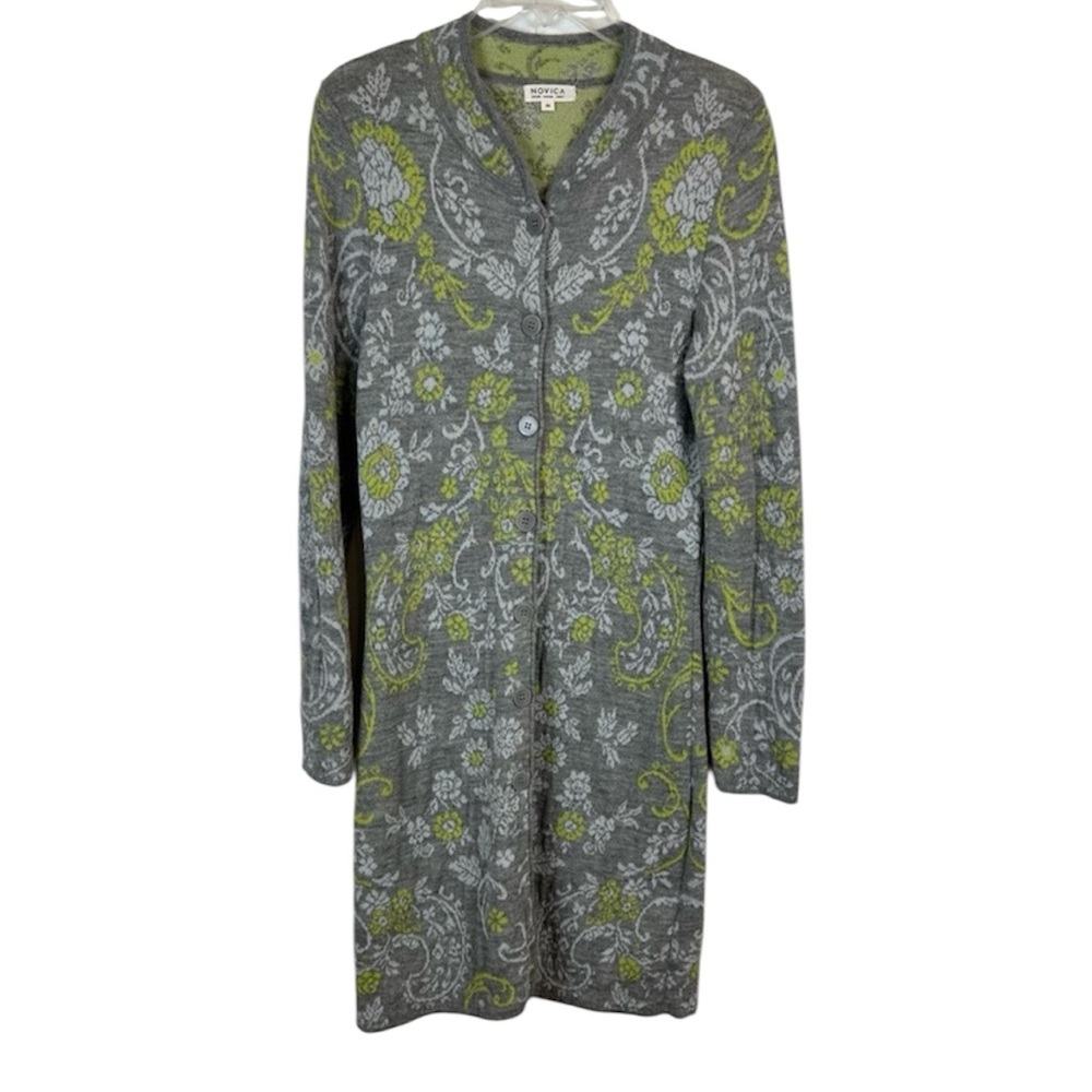 Novica Alpaca Gray Floral Long Cardigan Coat M